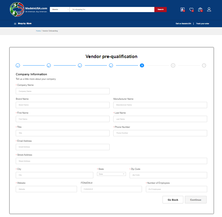 In this step you will provide details regarding your company. This includes your company and brand names, contact information, your website, and the number of employees you have. Click the Continue button to move to the next step.